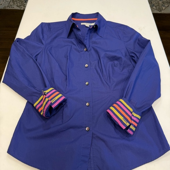 Boden Women’s Deep Blue Button Up Shirt W/ Contrast Flip Cuffs & Collar Sz 6 - Picture 10 of 13